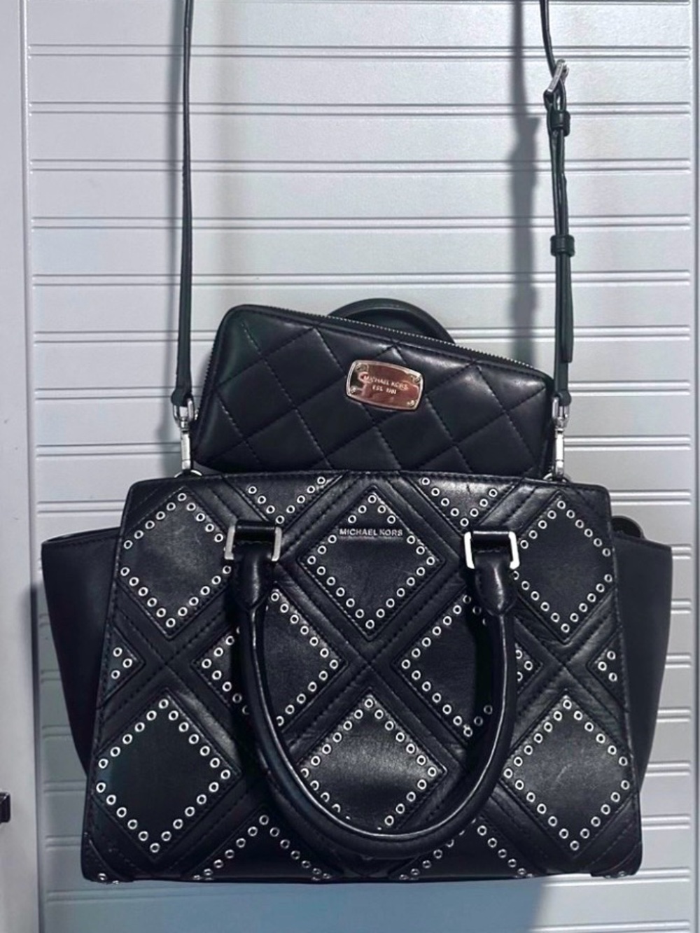Michael Kors Selma Bag w/Diamond Grommets & MK Quilted Long Wallet MSRP: $558